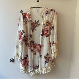 Floral and lace/fringe open cardigan/cover-up